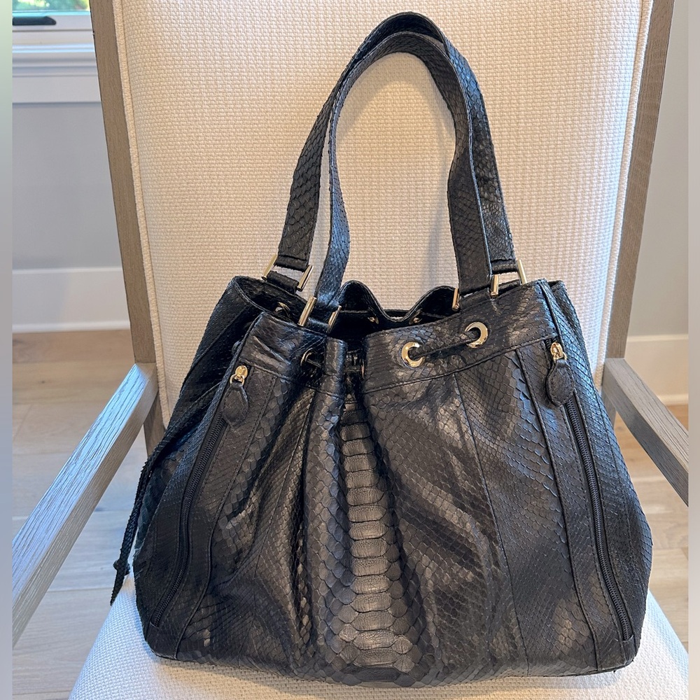 Eileen Kramer Genuine Python Black Shoulder Bag Hobo Purse With Gold Hardware
